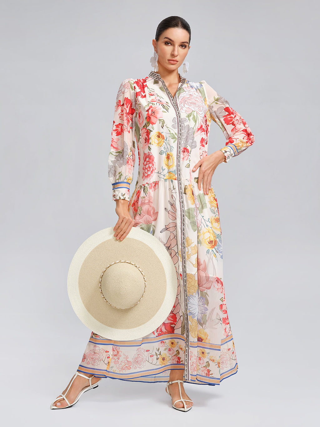 Floral Printed Adjustable-Cuffs Shirt Dress (Waist Tie Included)
