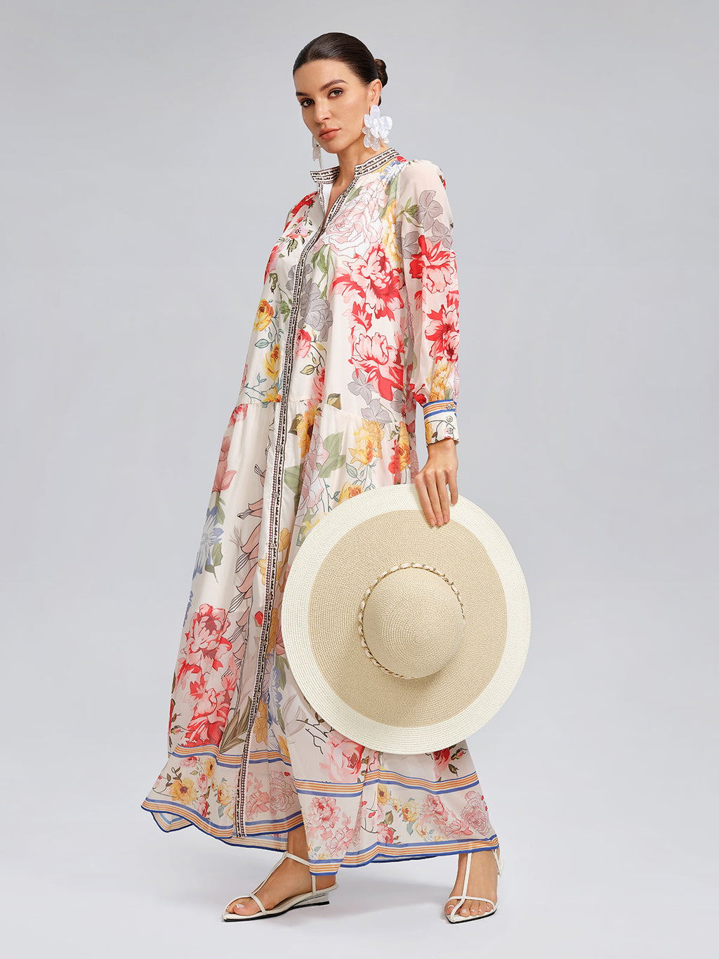 Floral Printed Adjustable-Cuffs Shirt Dress (Waist Tie Included)