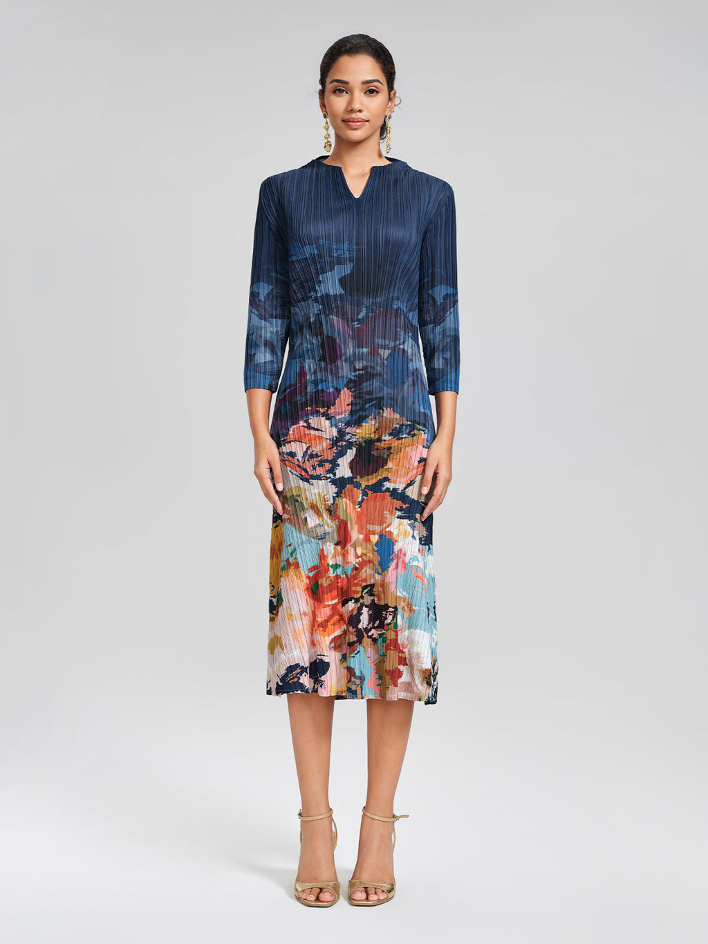 Stretch Pleated Asymmetric Artistic Print Dress