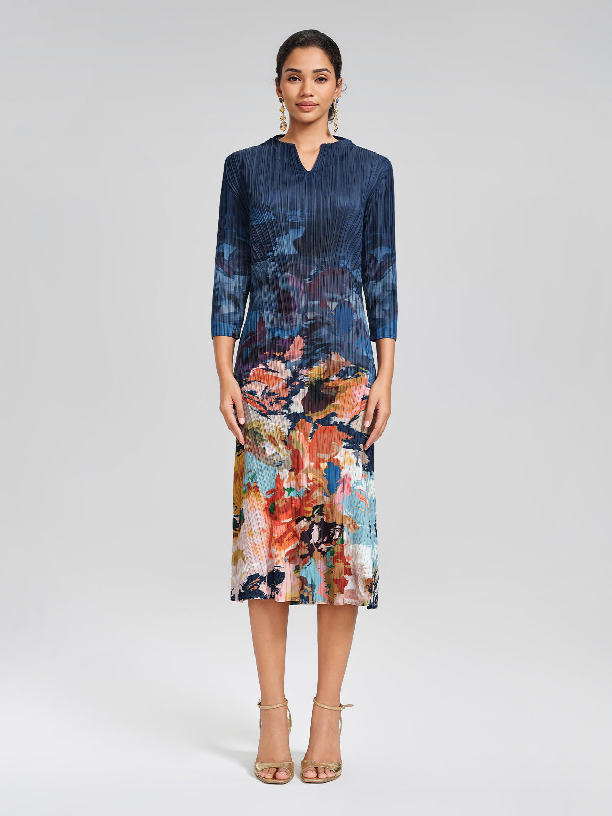Stretch Pleated Asymmetric Artistic Print Dress