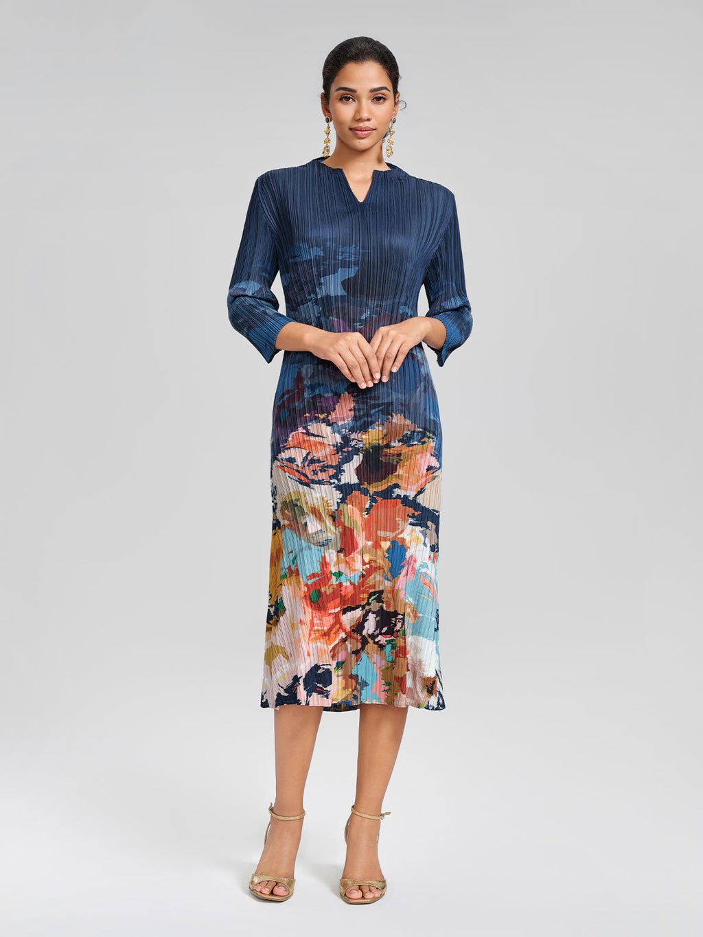 Stretch Pleated Asymmetric Artistic Print Dress