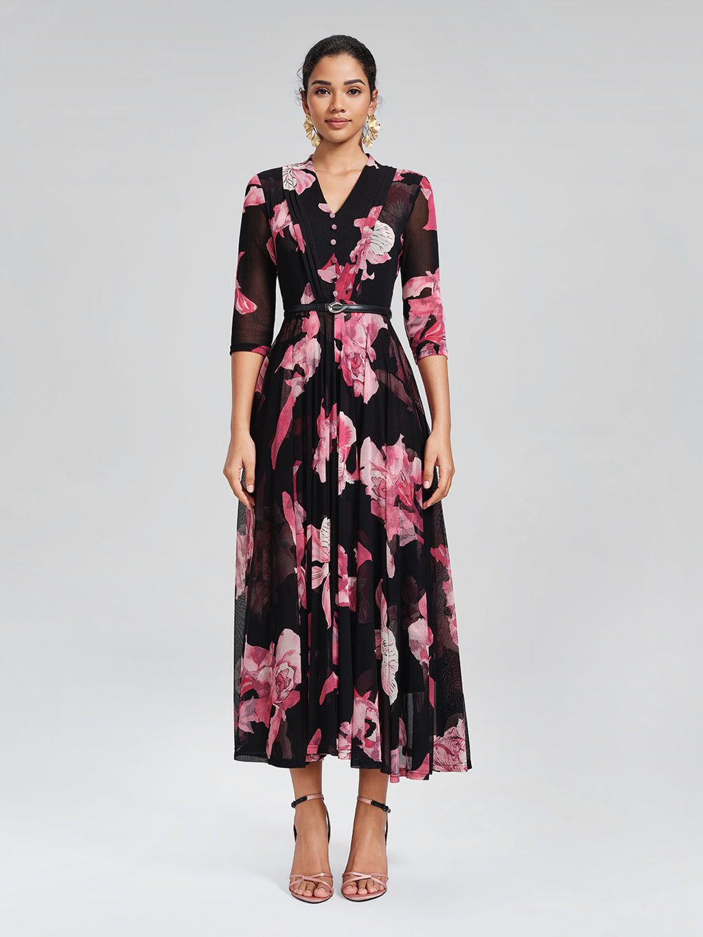 Floral Mesh Pleated V-Neck Dress (Belt Included)