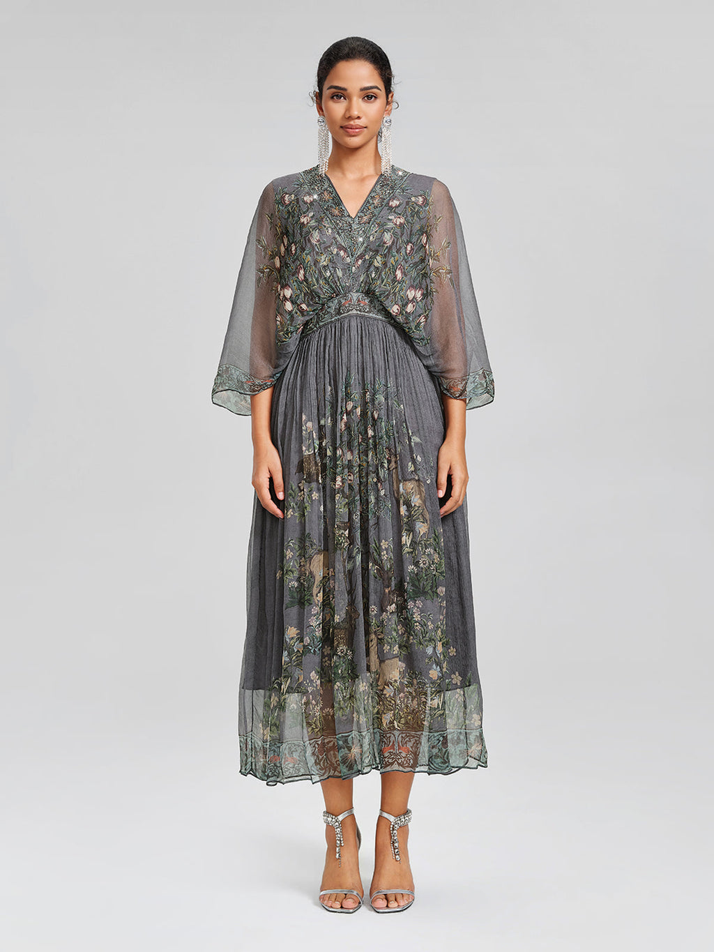 Silk Rhinestone Forest-Print Batwing-Sleeve Dress