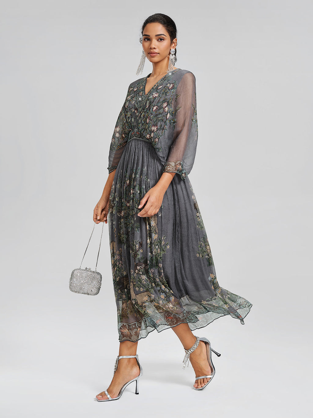 Silk Rhinestone Forest-Print Batwing-Sleeve Dress