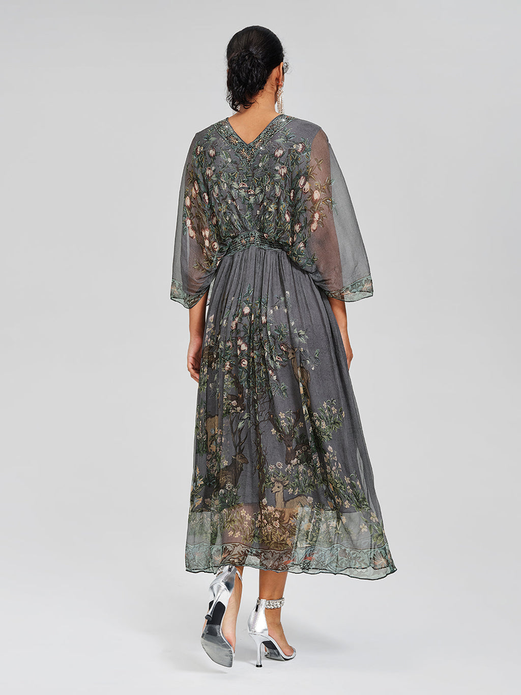 Silk Rhinestone Forest-Print Batwing-Sleeve Dress
