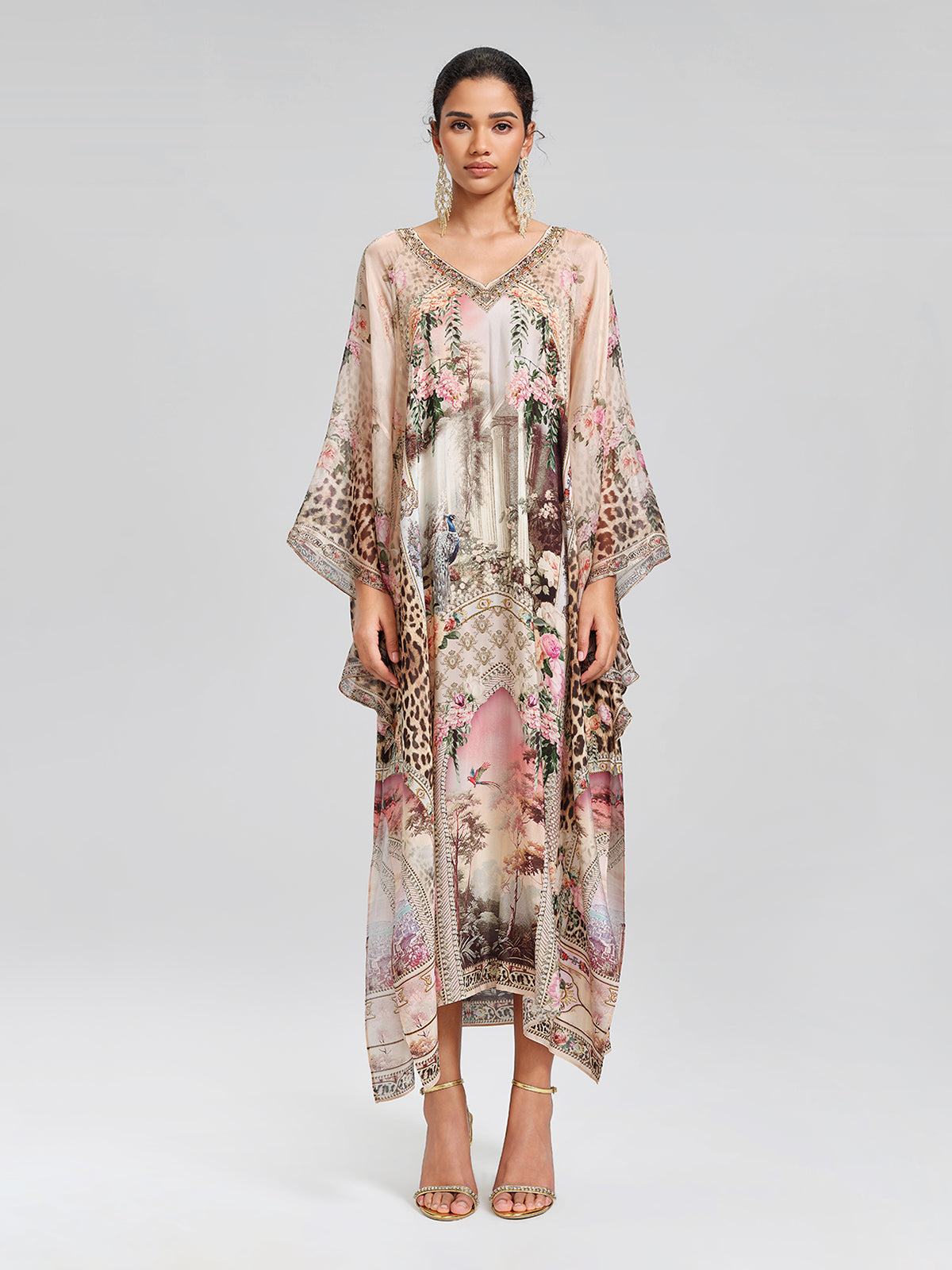 100% Silk Leopard-Floral Batwing-Sleeve Dress