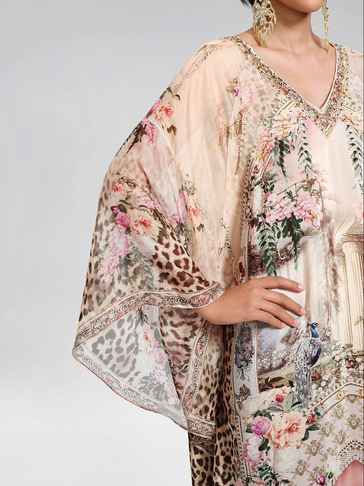 100% Silk Leopard-Floral Batwing-Sleeve Dress