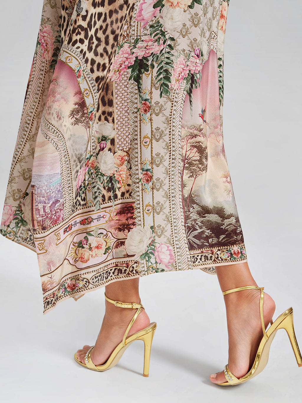 100% Silk Leopard-Floral Batwing-Sleeve Dress