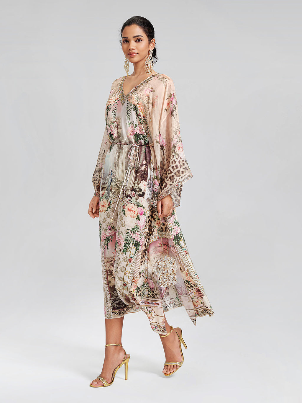 100% Silk Leopard-Floral Batwing-Sleeve Dress