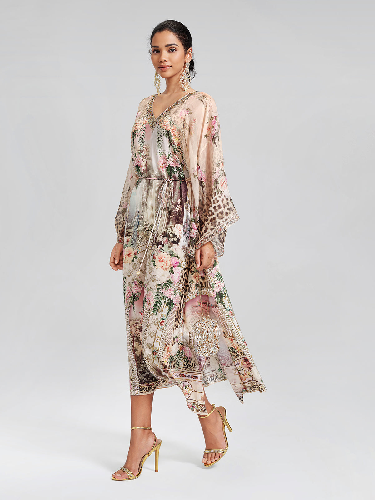 100% Silk Leopard-Floral Batwing-Sleeve Dress