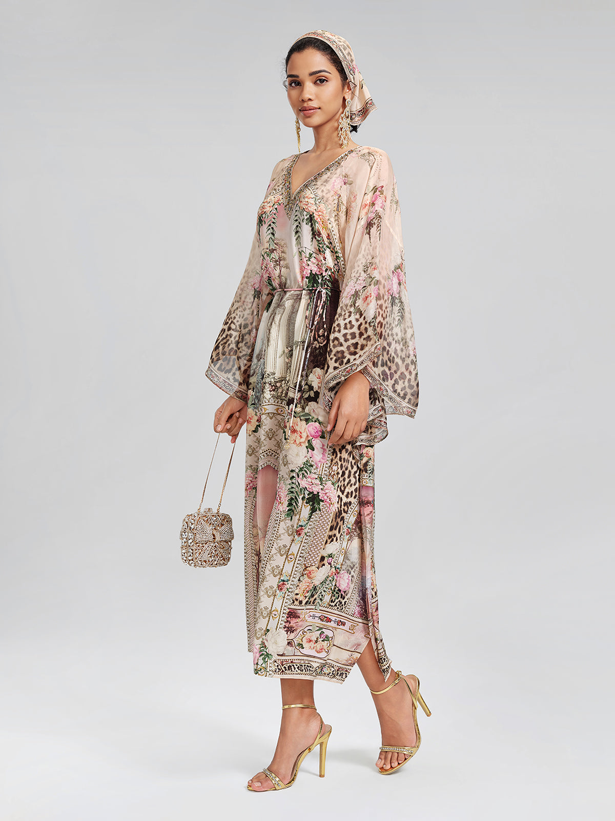 100% Silk Leopard-Floral Batwing-Sleeve Dress