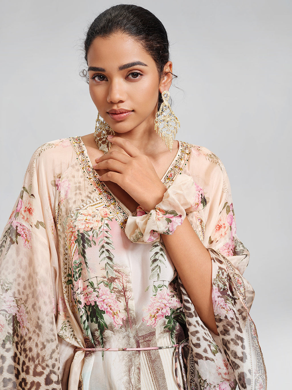 100% Silk Leopard-Floral Batwing-Sleeve Dress