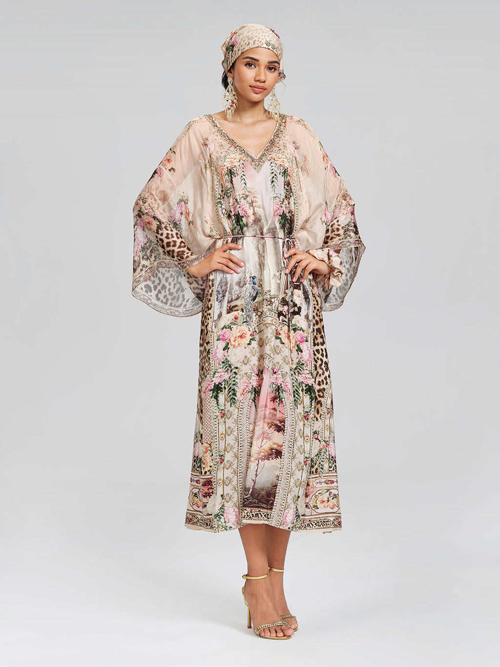 100% Silk Leopard-Floral Batwing-Sleeve Dress