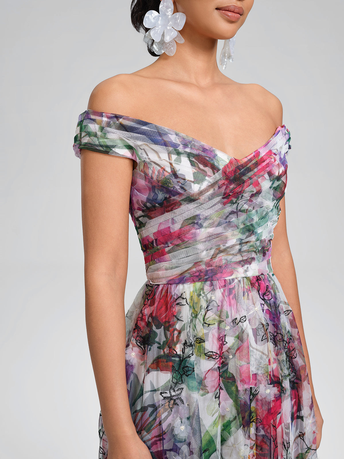 Painterly Floral Sheer Mesh Evening Gown