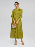 Ruffle Pleated Floral Brooch 3/4-Sleeve Gown
