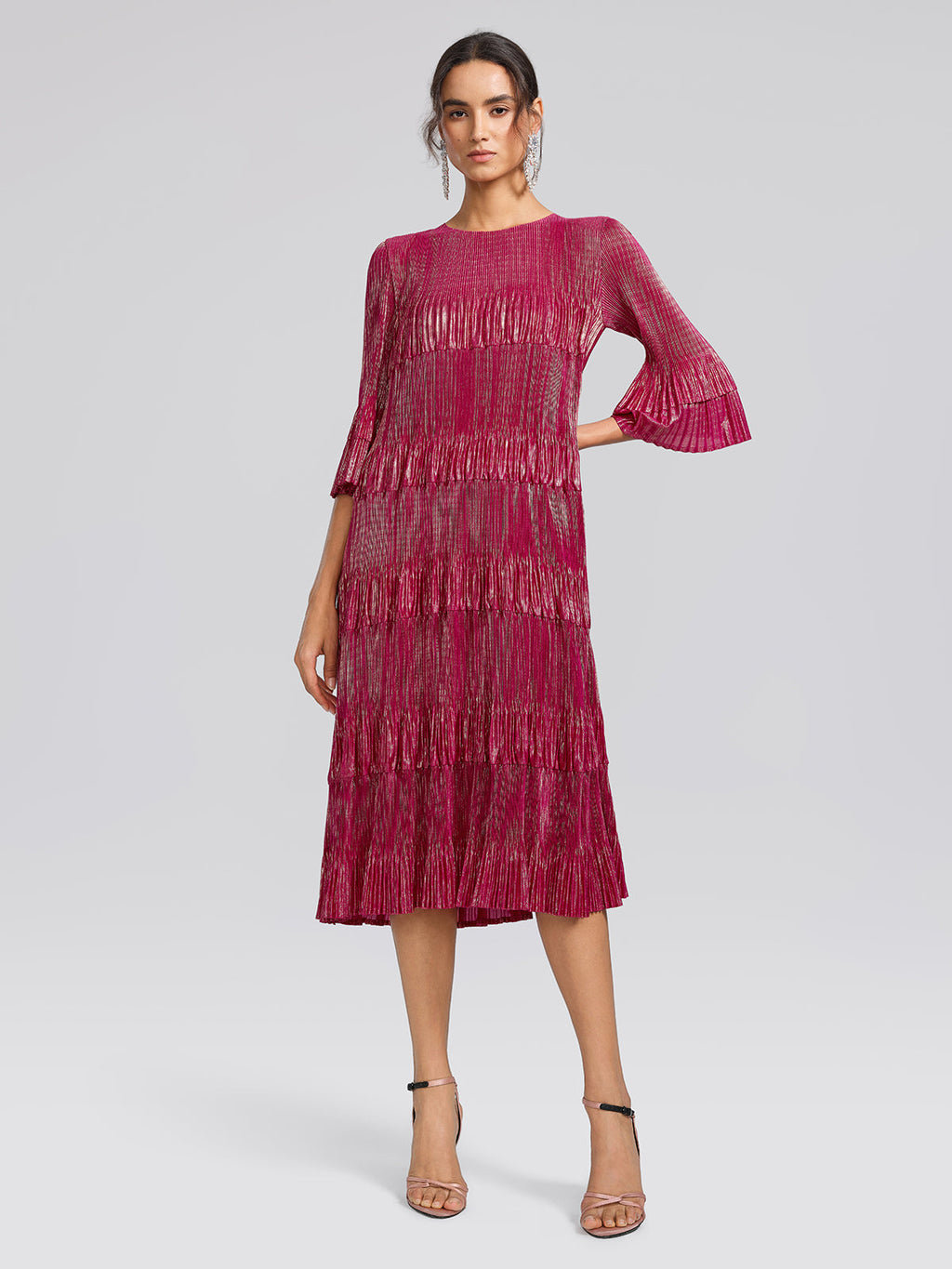Foil Print Pleated Printed High-Stretch Dress (Waist Tie Included)