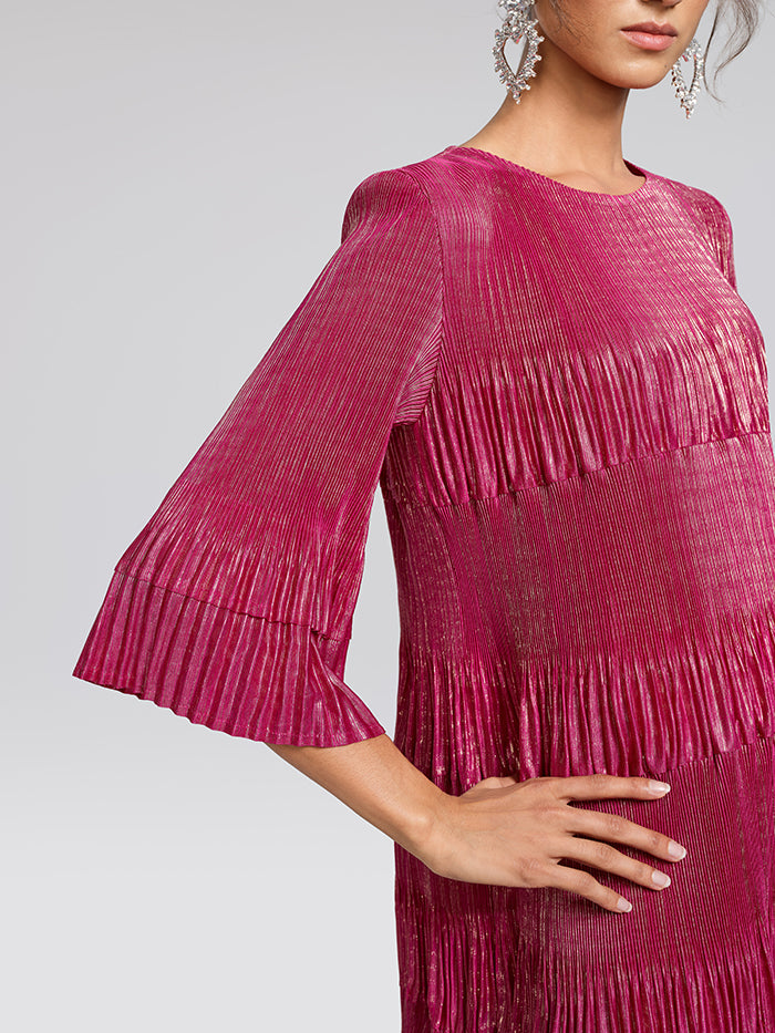 Foil Print Pleated Printed High-Stretch Dress (Waist Tie Included)