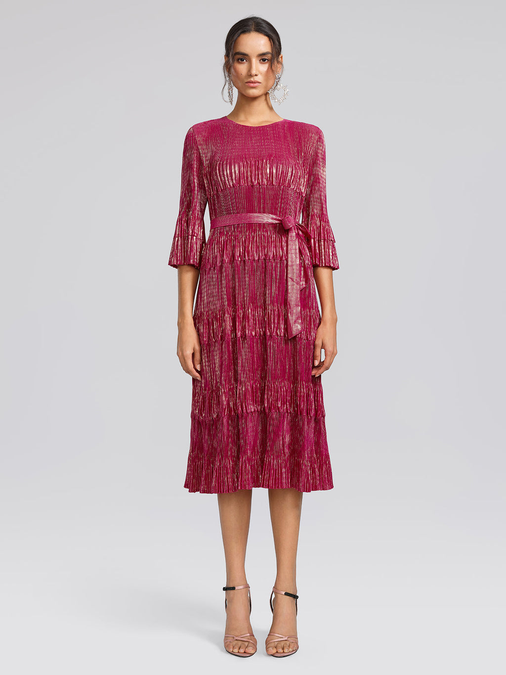 Foil Print Pleated Printed High-Stretch Dress (Waist Tie Included)