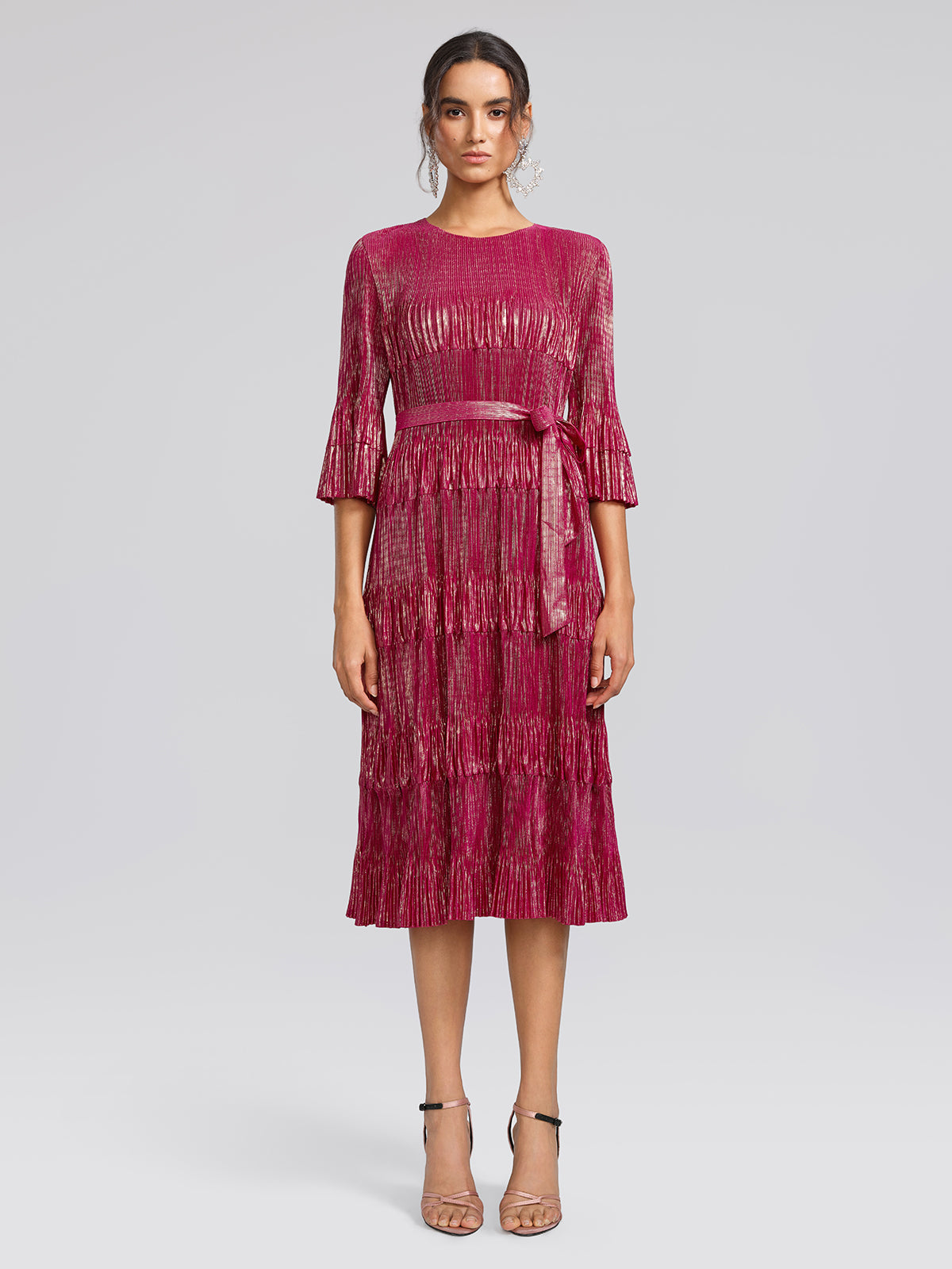 Foil Print Pleated Printed High-Stretch Dress (Waist Tie Included)