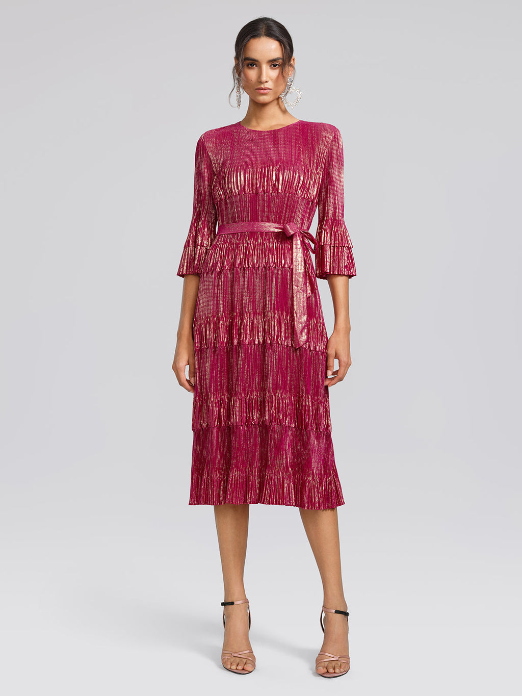 Foil Print Pleated Printed High-Stretch Dress (Waist Tie Included)