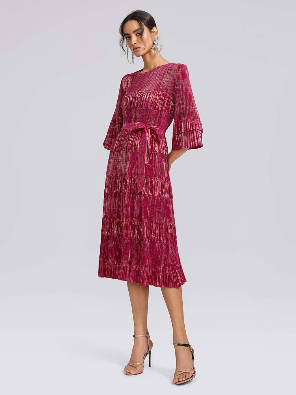 Foil Print Pleated Printed High-Stretch Dress (Waist Tie Included)