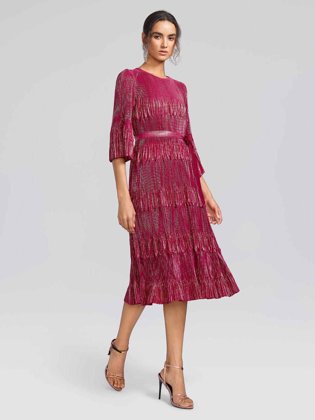 Foil Print Pleated Printed High-Stretch Dress (Waist Tie Included)