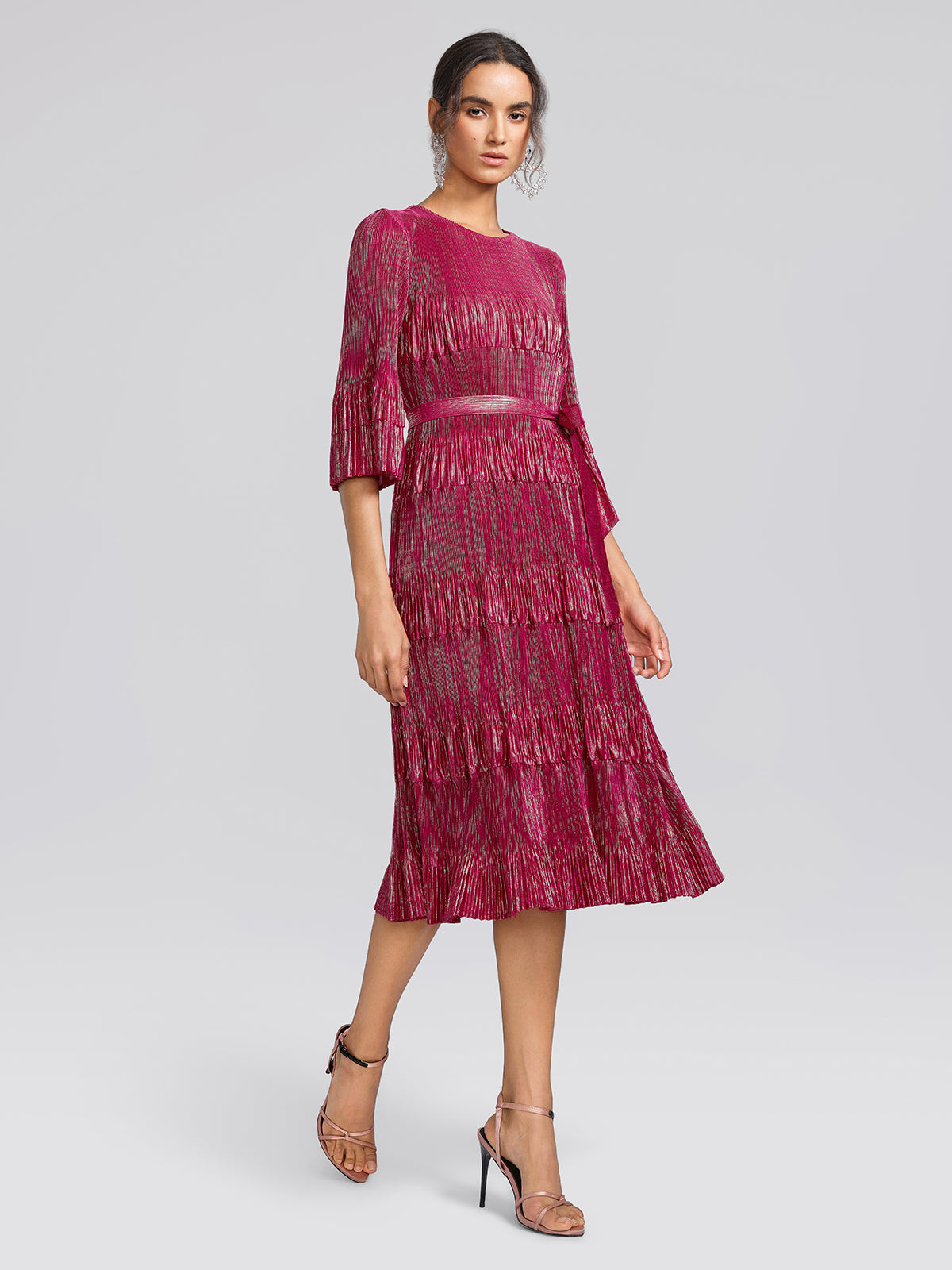 Foil Print Pleated Printed High-Stretch Dress (Waist Tie Included)