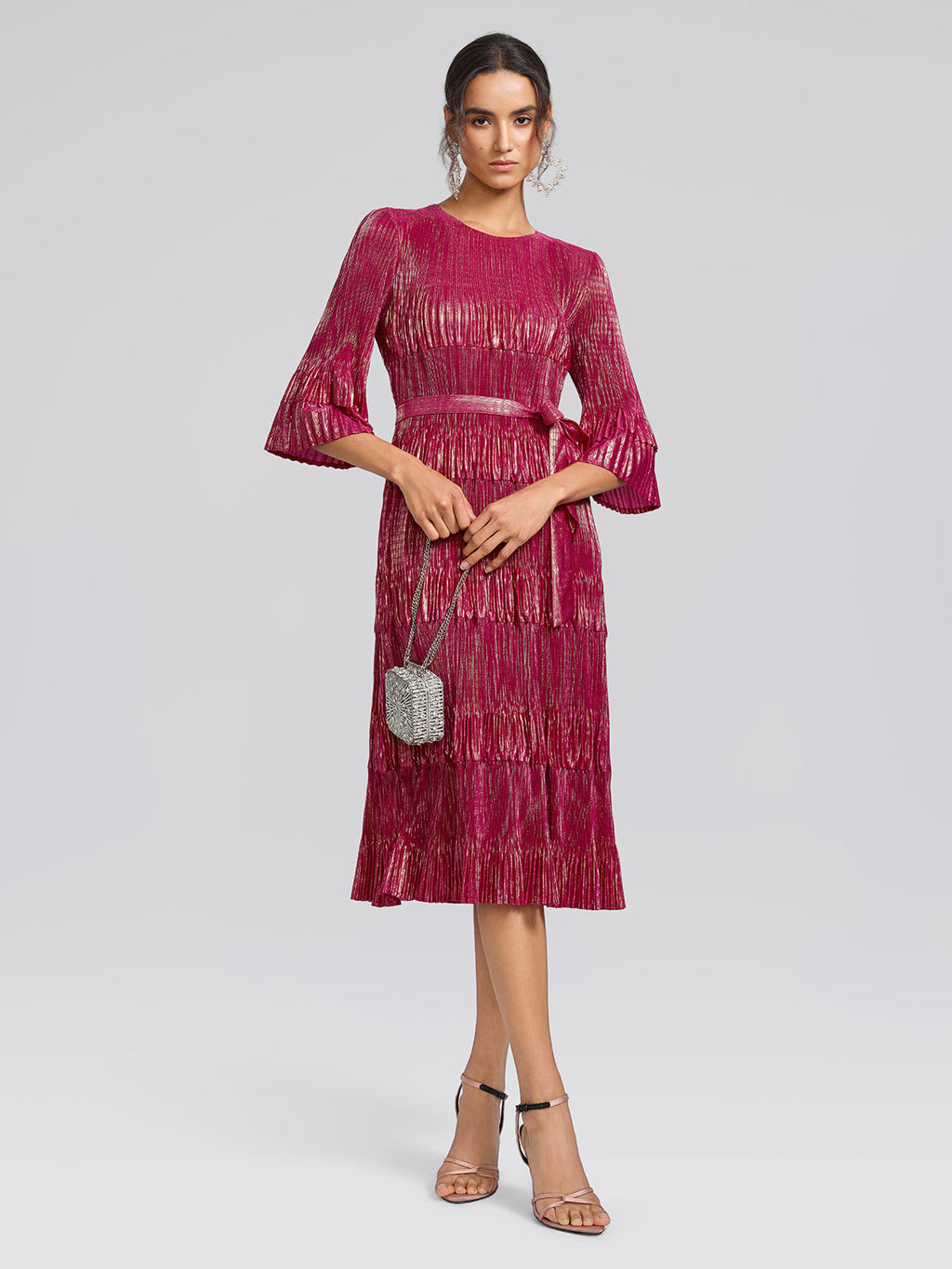 Foil Print Pleated Printed High-Stretch Dress (Waist Tie Included)