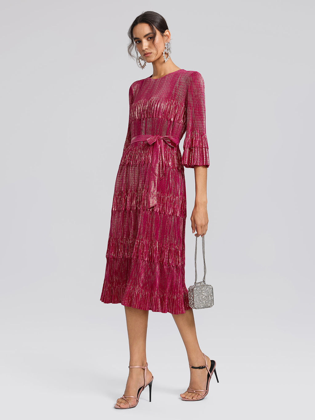 Foil Print Pleated Printed High-Stretch Dress (Waist Tie Included)