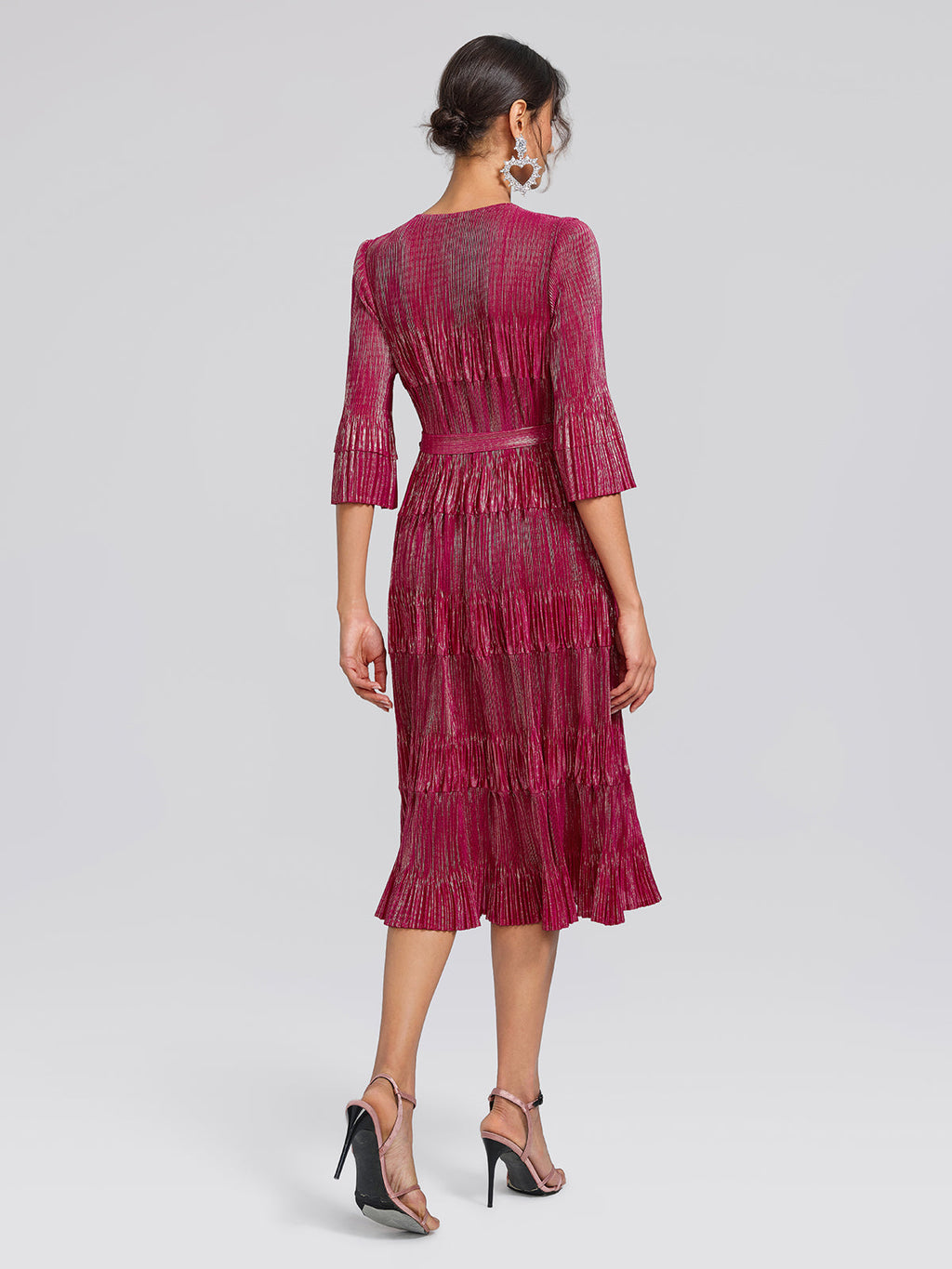 Foil Print Pleated Printed High-Stretch Dress (Waist Tie Included)