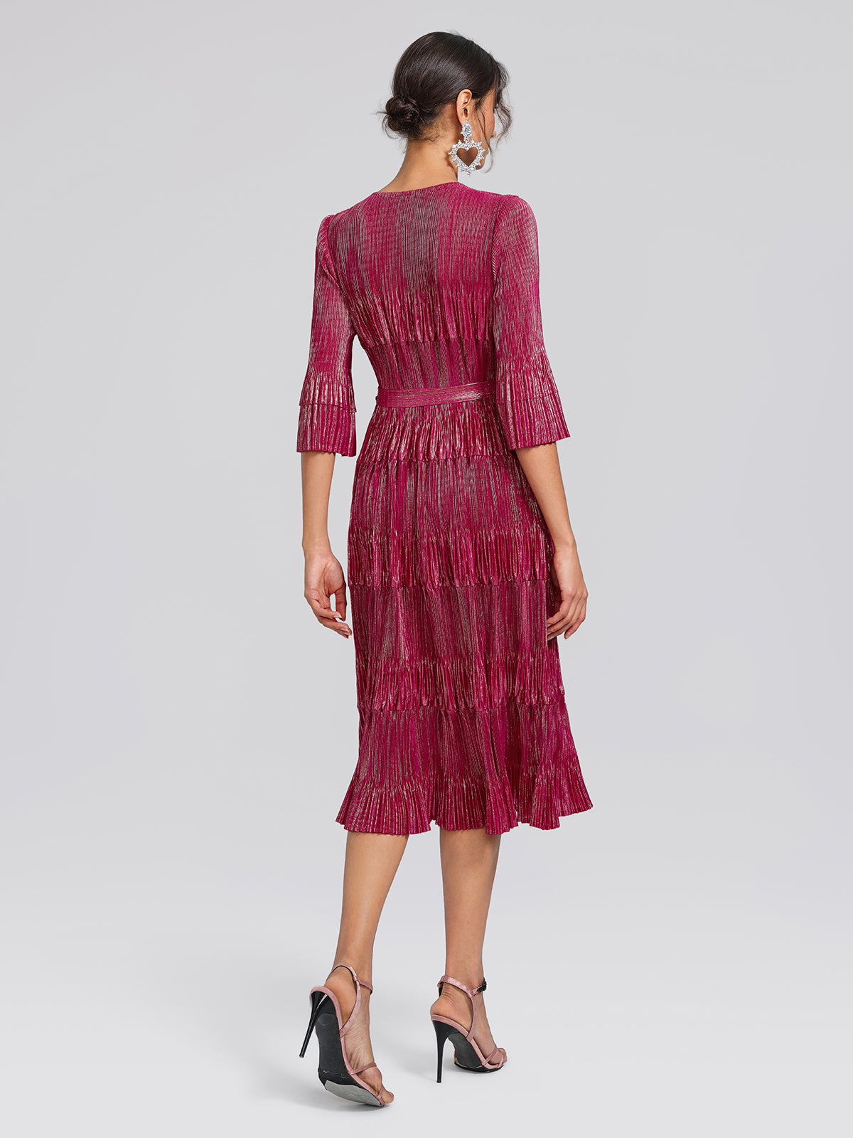 Foil Print Pleated Printed High-Stretch Dress (Waist Tie Included)