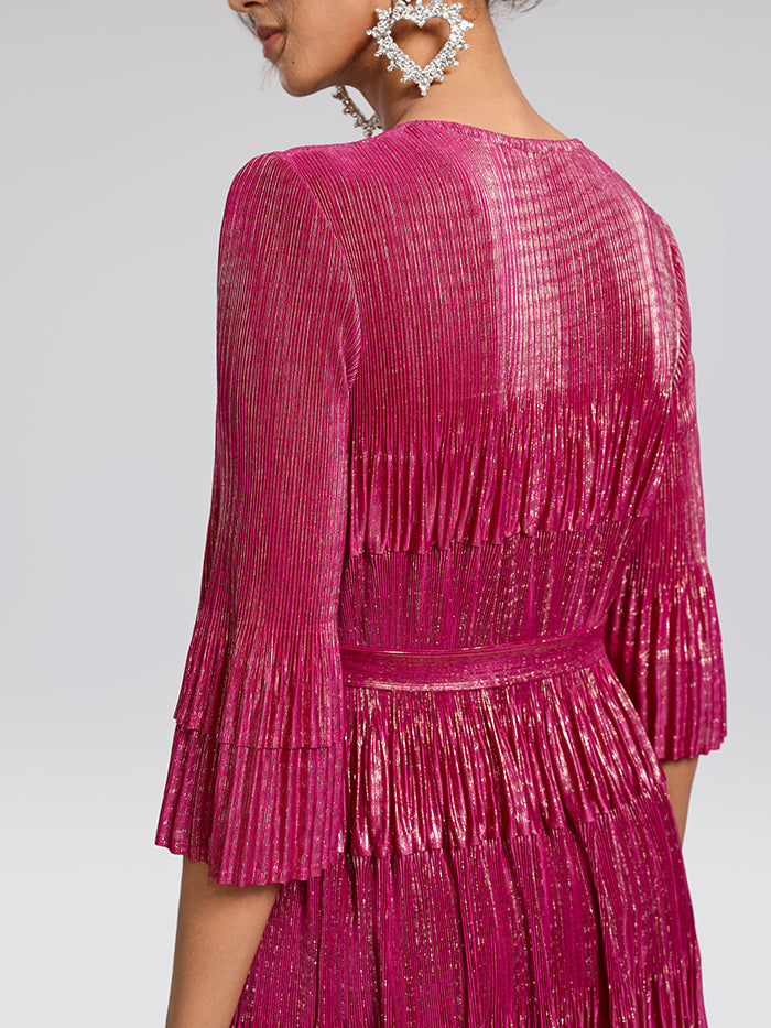 Foil Print Pleated Printed High-Stretch Dress (Waist Tie Included)