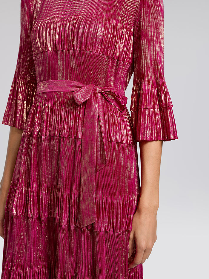 Foil Print Pleated Printed High-Stretch Dress (Waist Tie Included)