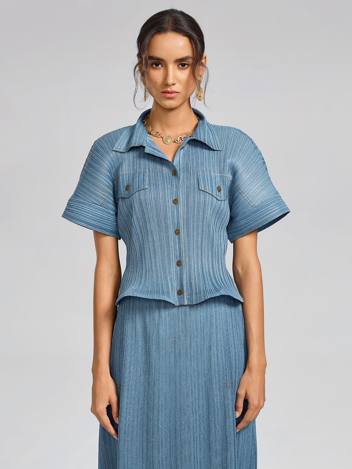 Denim-Blue Vertical Pleated Top & Skirt Set