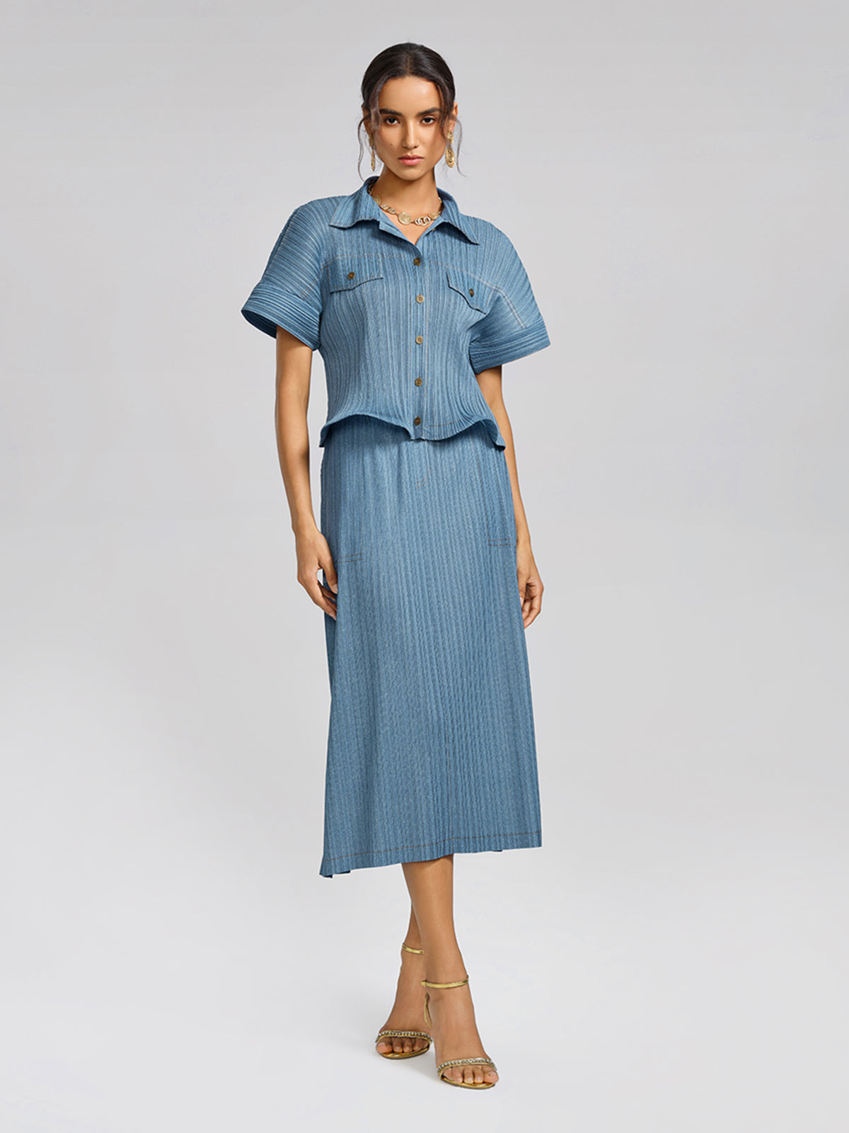 Denim-Blue Vertical Pleated Top & Skirt Set
