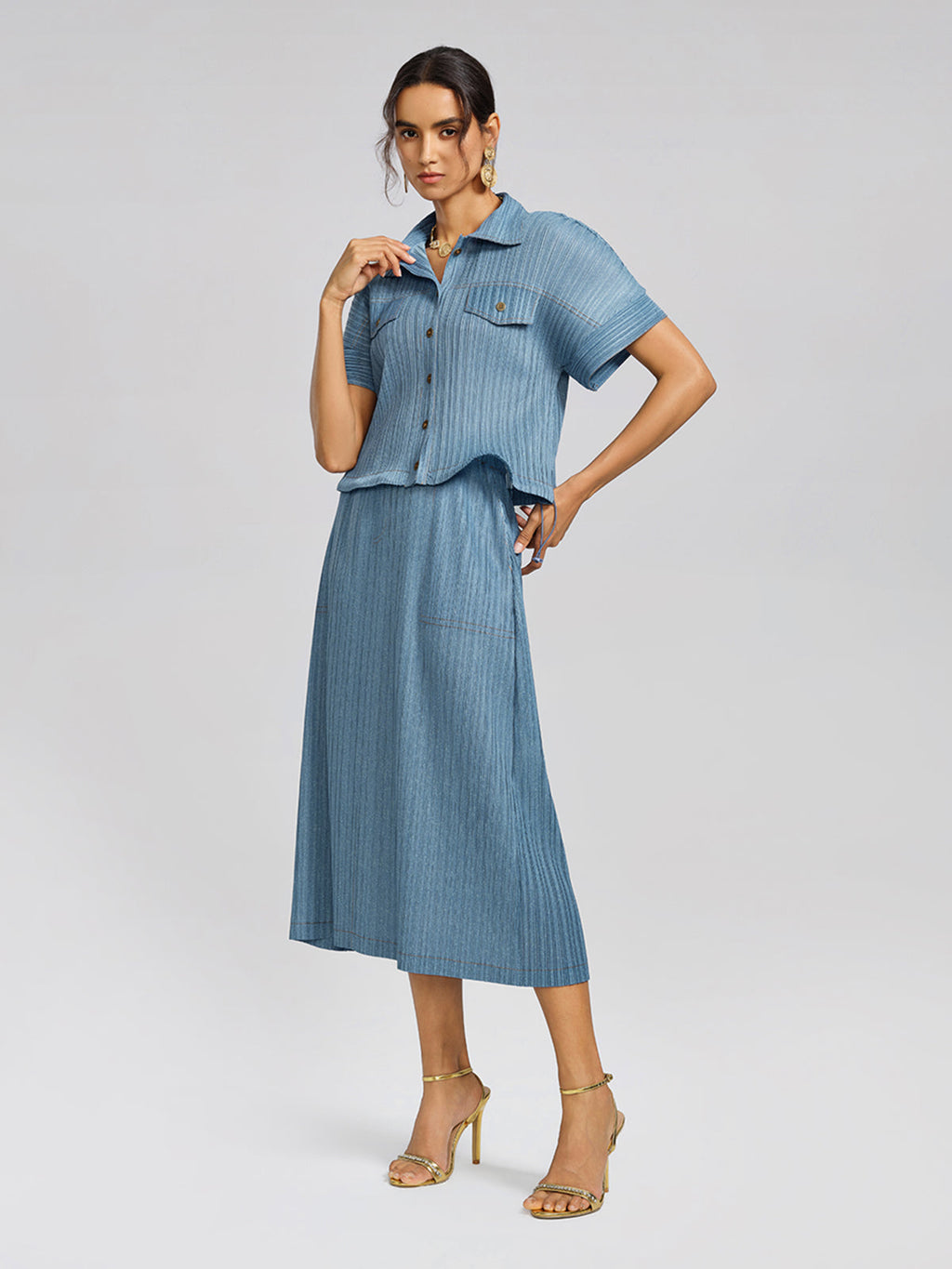 Denim-Blue Vertical Pleated Top & Skirt Set