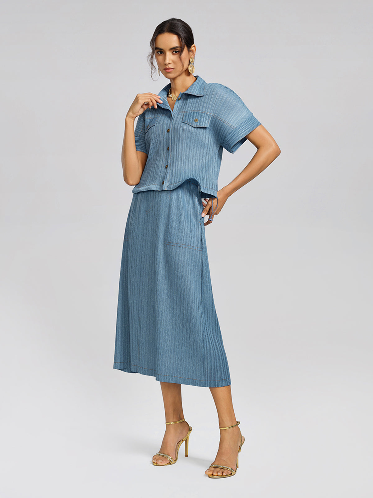 Denim-Blue Vertical Pleated Top & Skirt Set