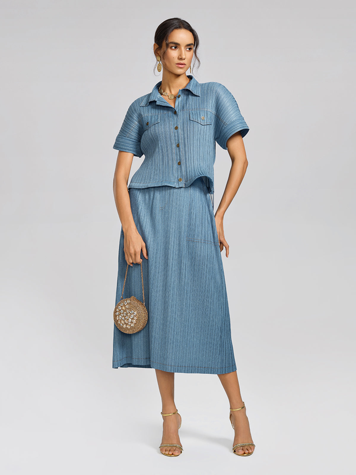 Denim-Blue Vertical Pleated Top & Skirt Set