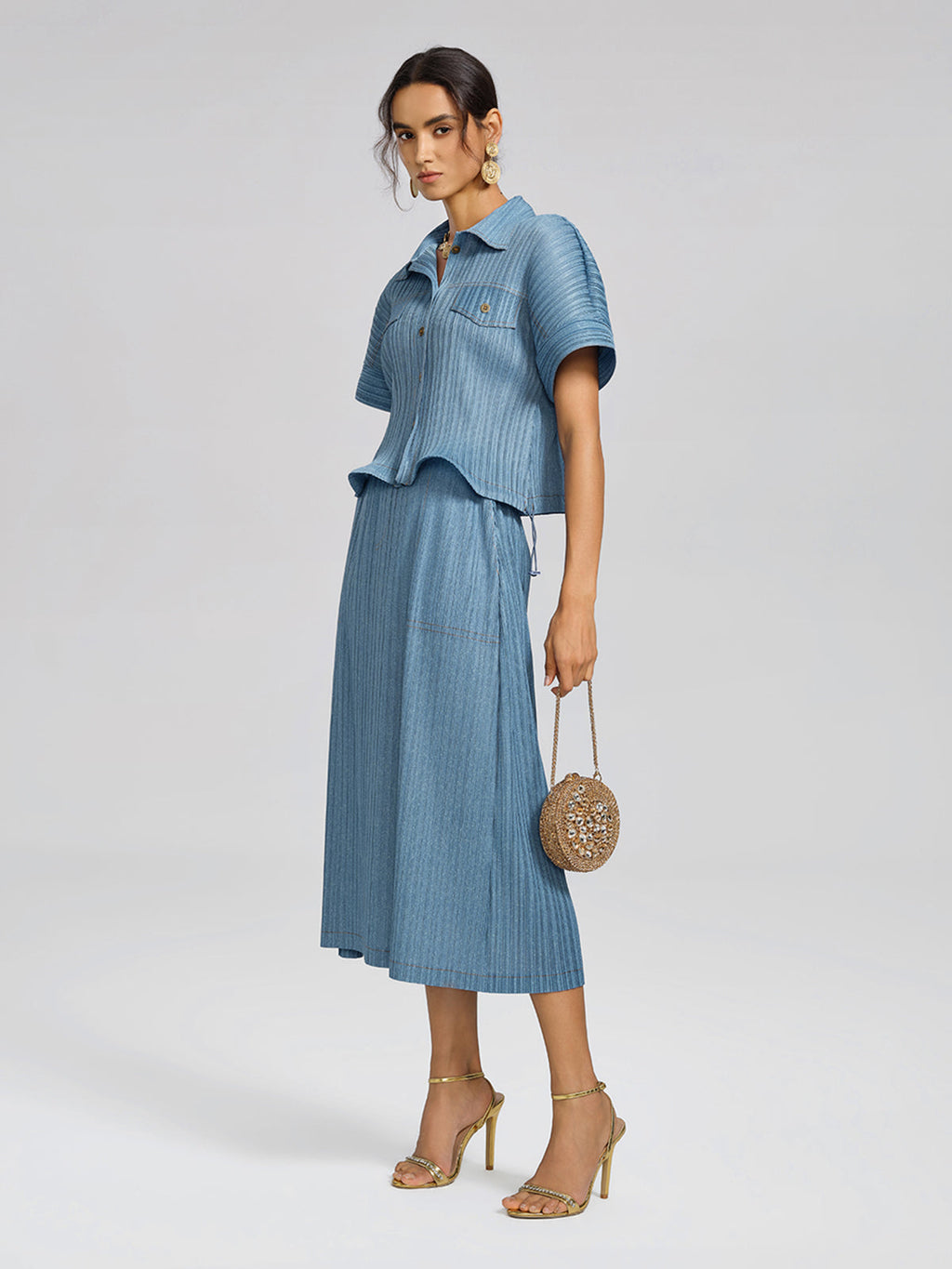 Denim-Blue Vertical Pleated Top & Skirt Set