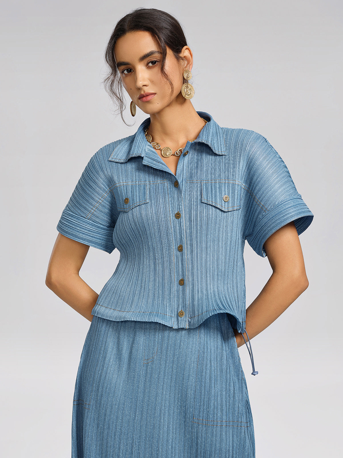 Denim-Blue Vertical Pleated Top & Skirt Set