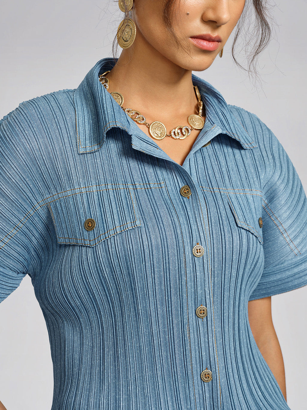 Denim-Blue Vertical Pleated Top & Skirt Set
