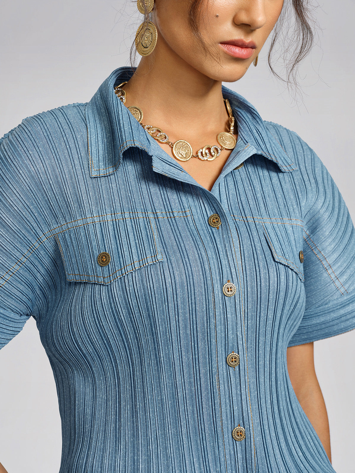Denim-Blue Vertical Pleated Top & Skirt Set