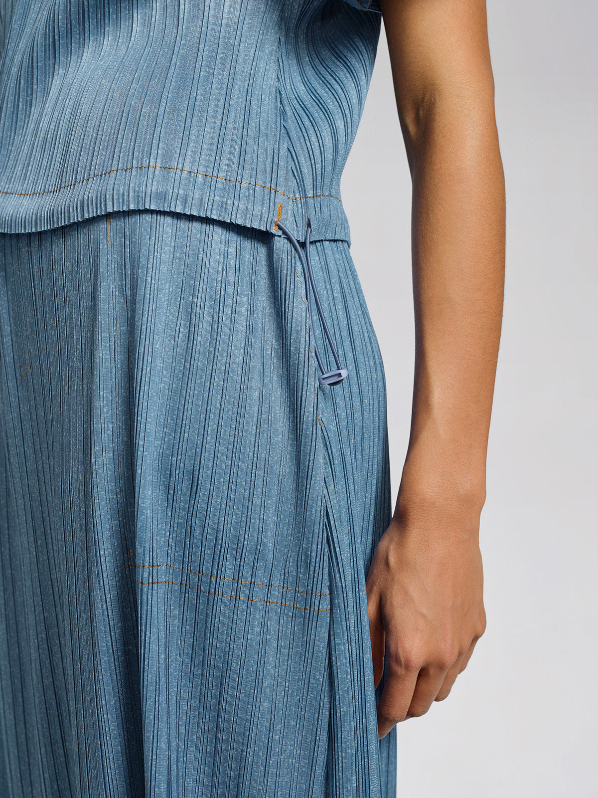 Denim-Blue Vertical Pleated Top & Skirt Set