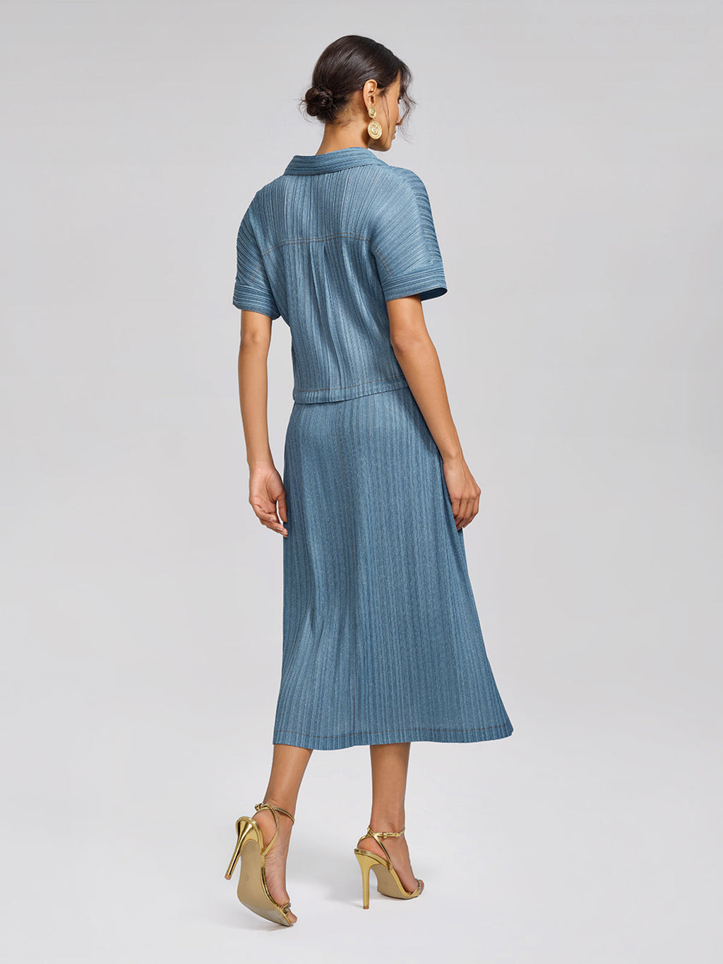 Denim-Blue Vertical Pleated Top & Skirt Set