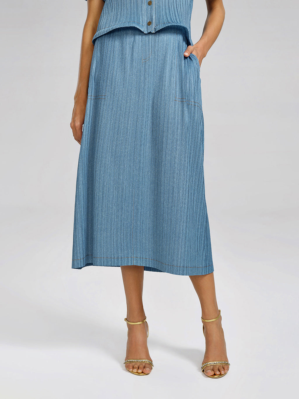 Denim-Blue Vertical Pleated Top & Skirt Set