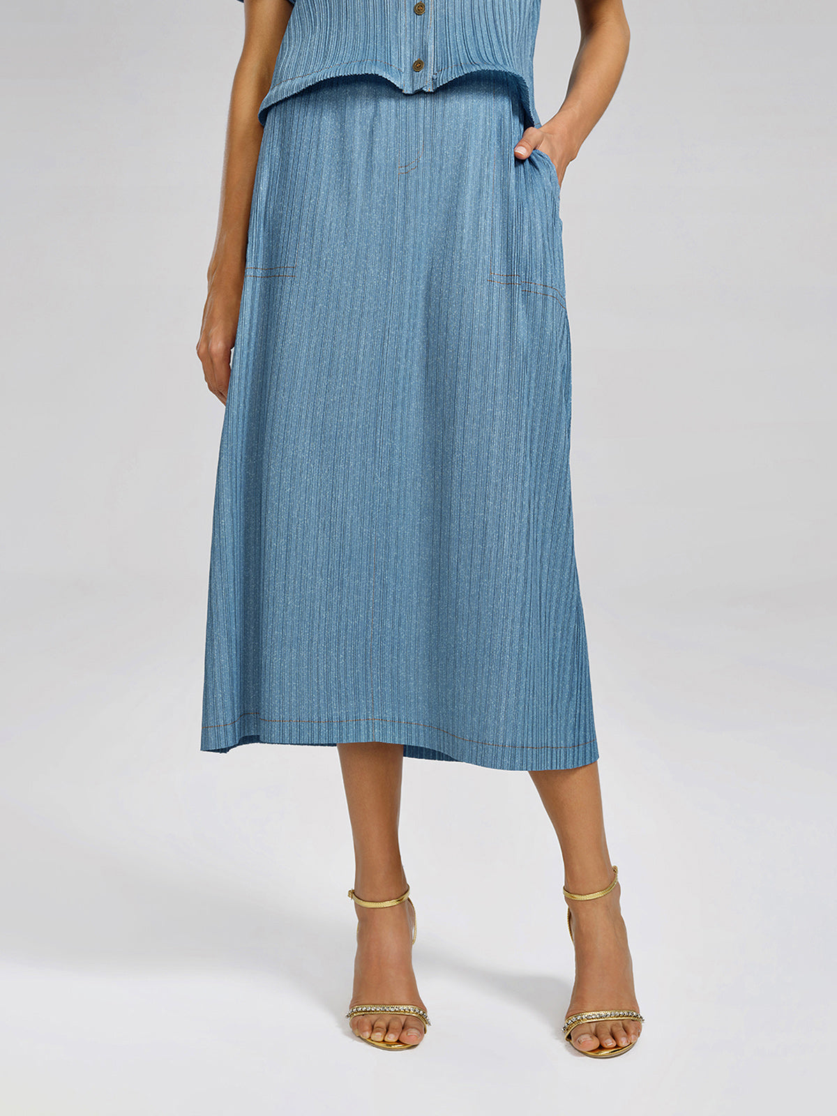 Denim-Blue Vertical Pleated Top & Skirt Set