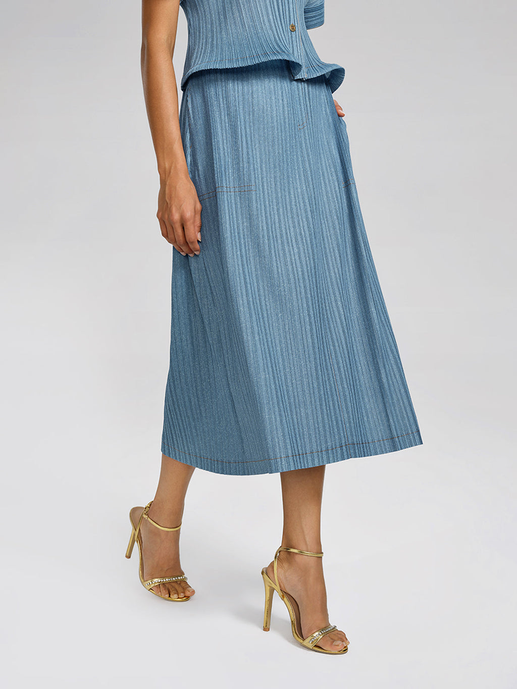 Denim-Blue Vertical Pleated Top & Skirt Set