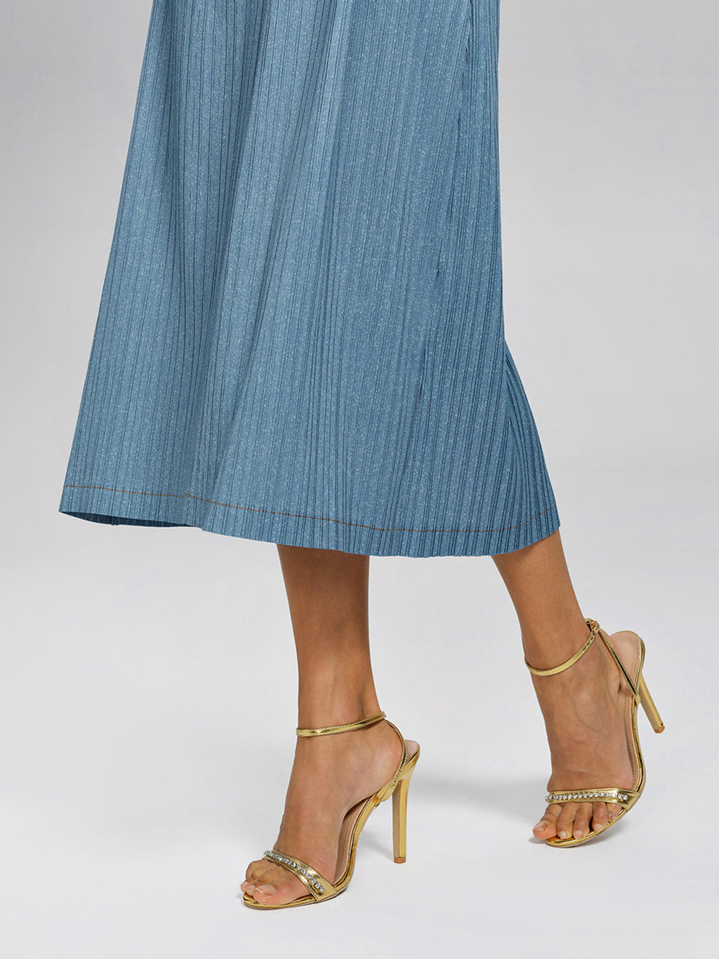 Denim-Blue Vertical Pleated Top & Skirt Set