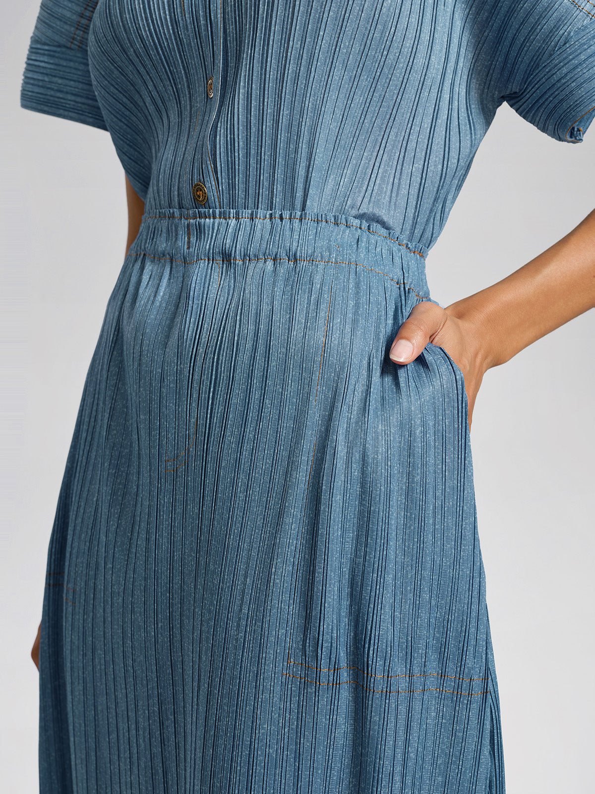 Denim-Blue Vertical Pleated Top & Skirt Set