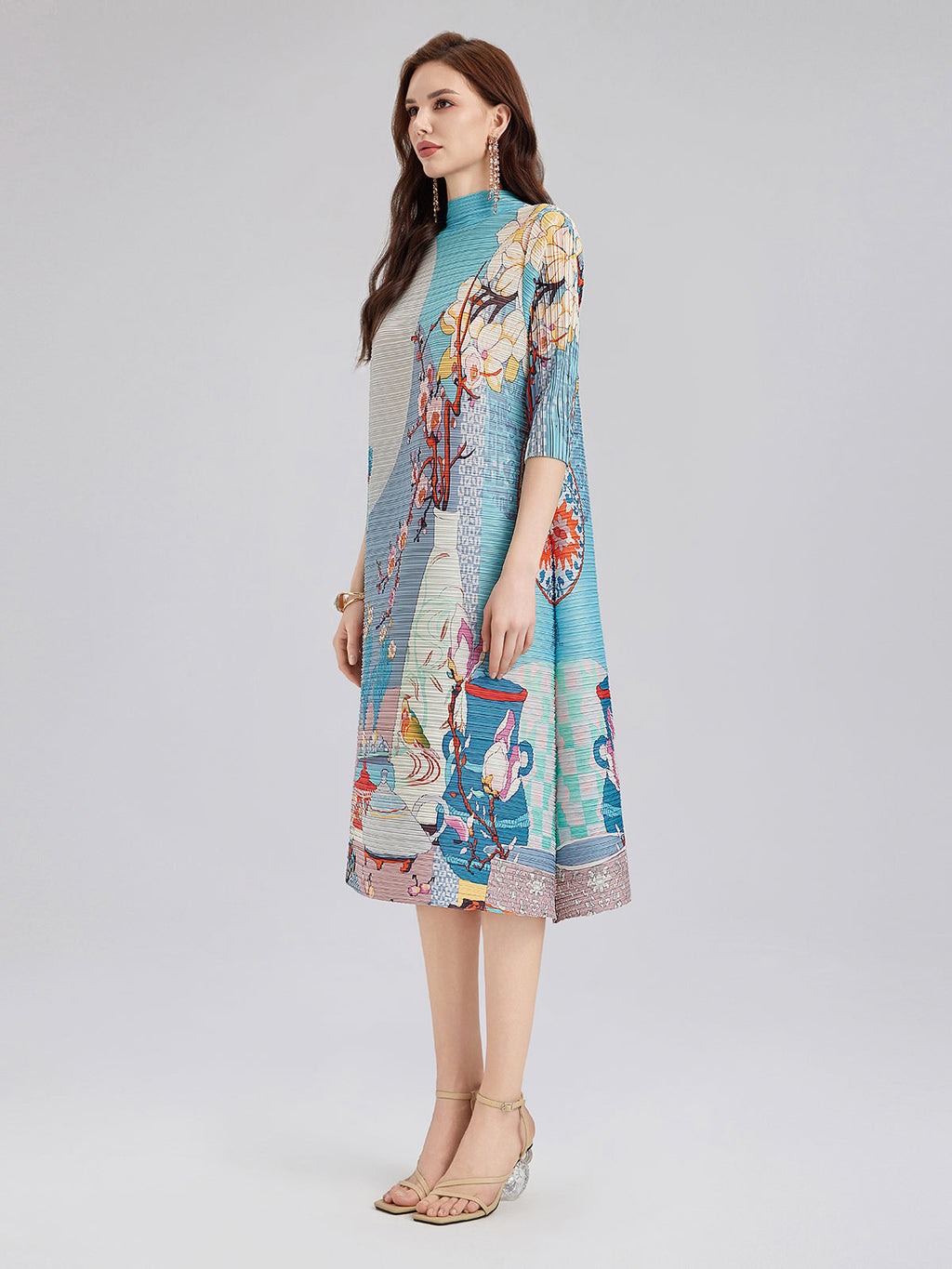Artistic Print Pleated High Neck Dress